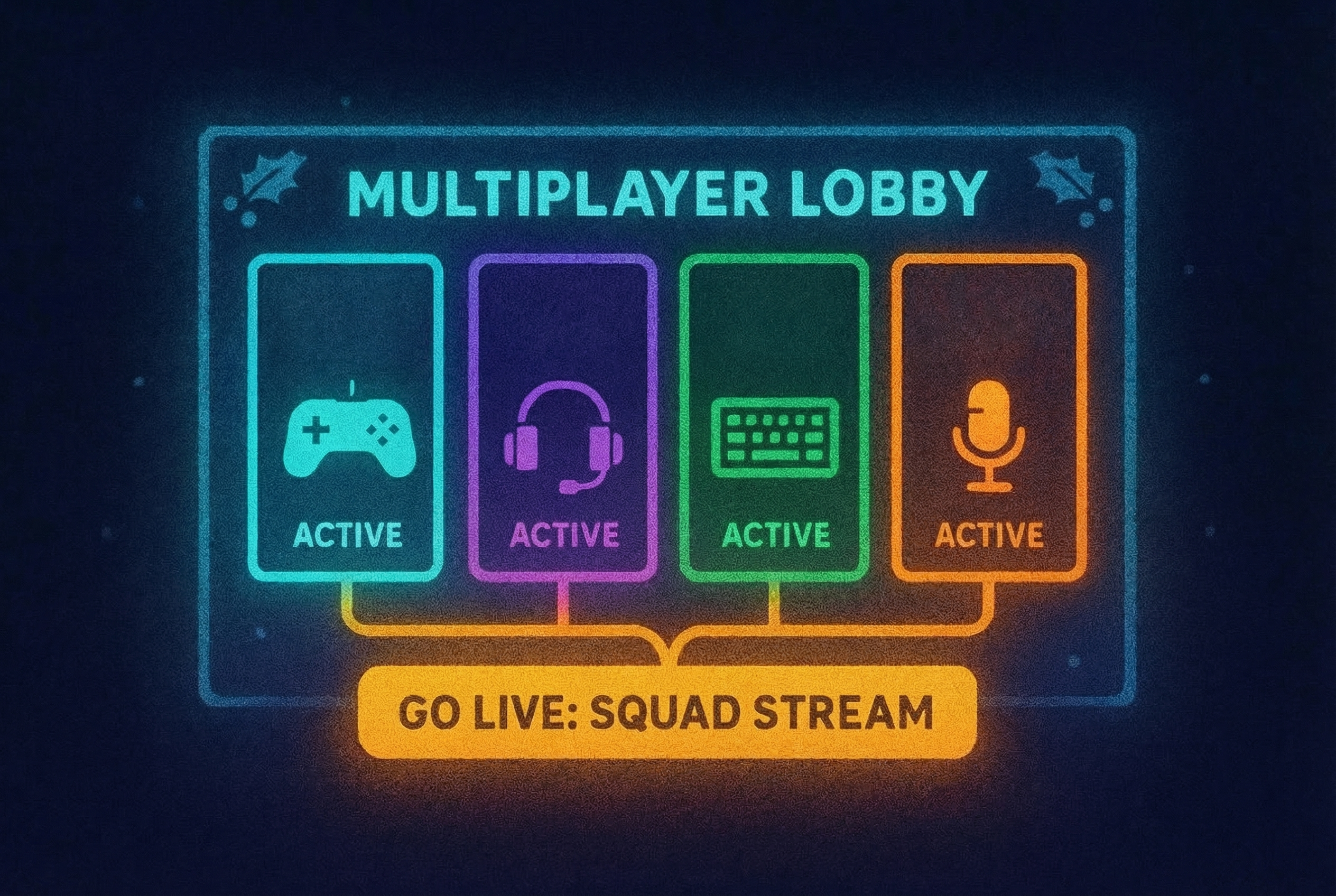 Neon-style multiplayer lobby overlay for squad streams showing active controller, headset, and microphone icons with a Go Live button.