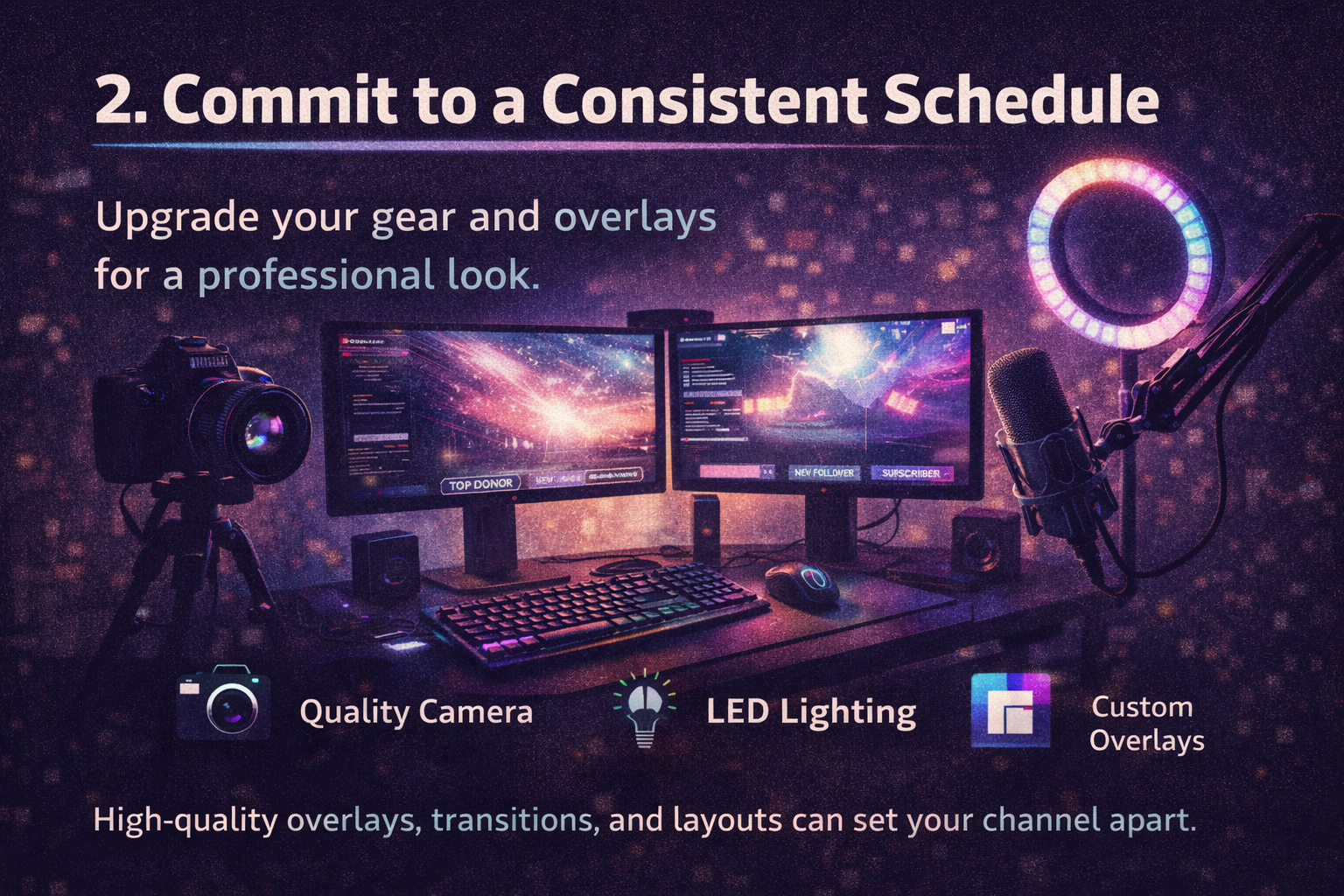 Infographic slide titled '2. Commit to a Consistent Schedule,' displaying icons for a DSLR camera, LED lighting bulb, and custom overlays, set against a backdrop of a professional gaming desk setup.