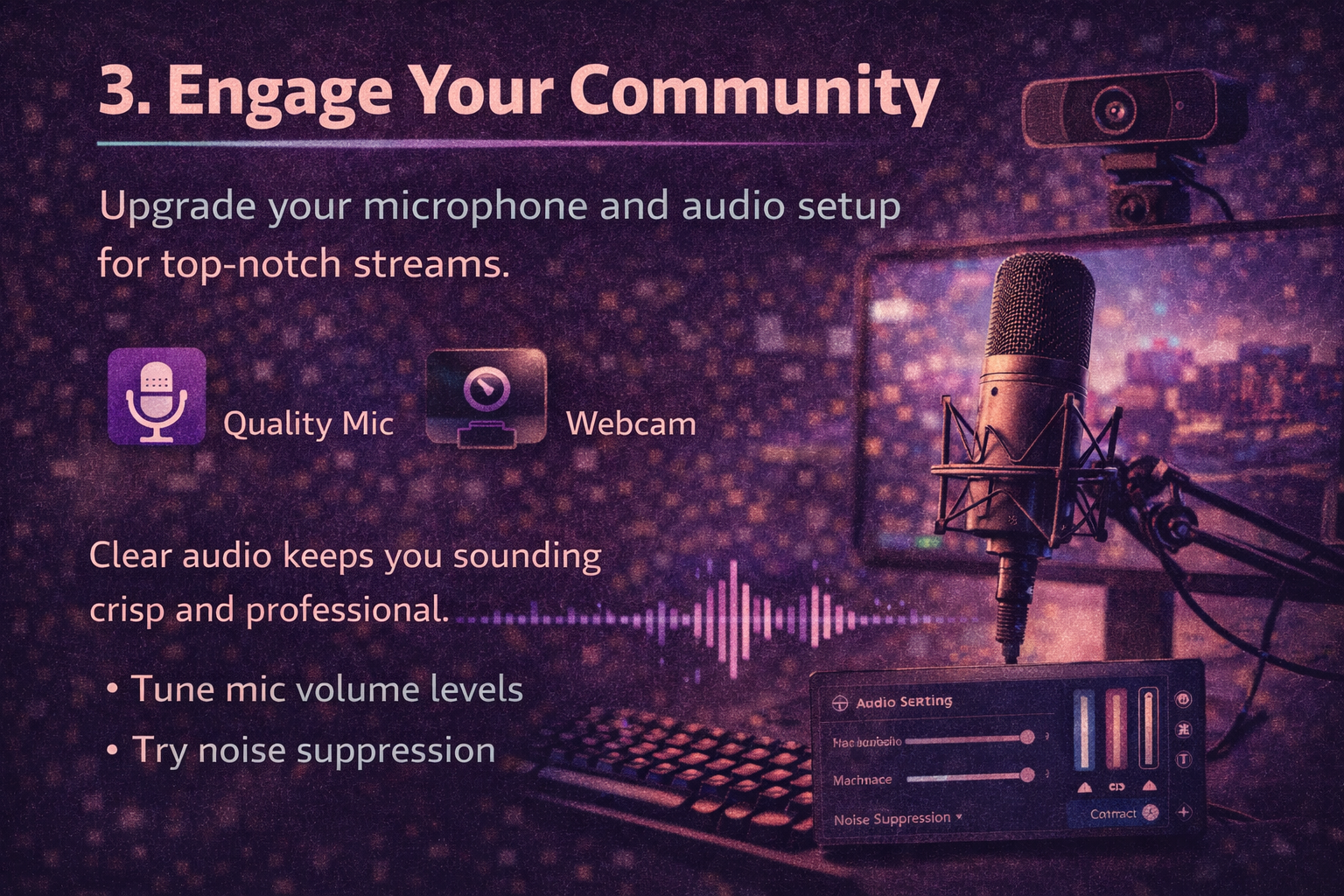 Infographic slide titled '3. Engage Your Community,' featuring a high-quality studio microphone and webcam icon, with an audio waveform graphic representing clear, professional sound quality.