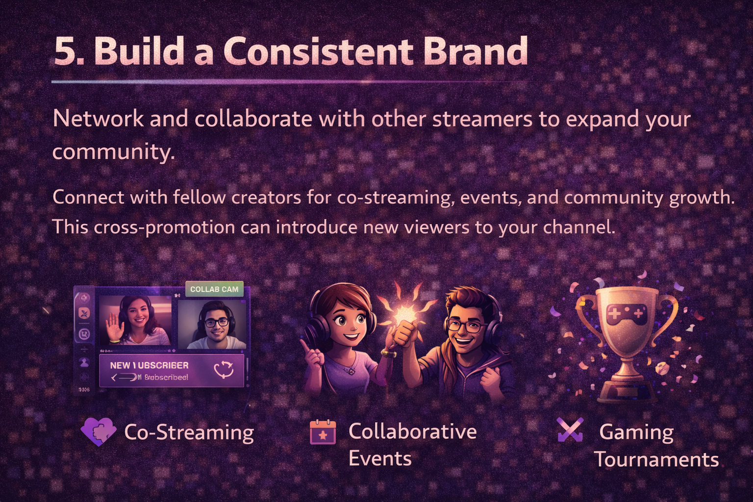 Infographic slide titled '5. Build a Consistent Brand,' illustrating community growth with visuals of a 'Collab Cam' interface, two cartoon avatars high-fiving, and a golden gaming tournament trophy.