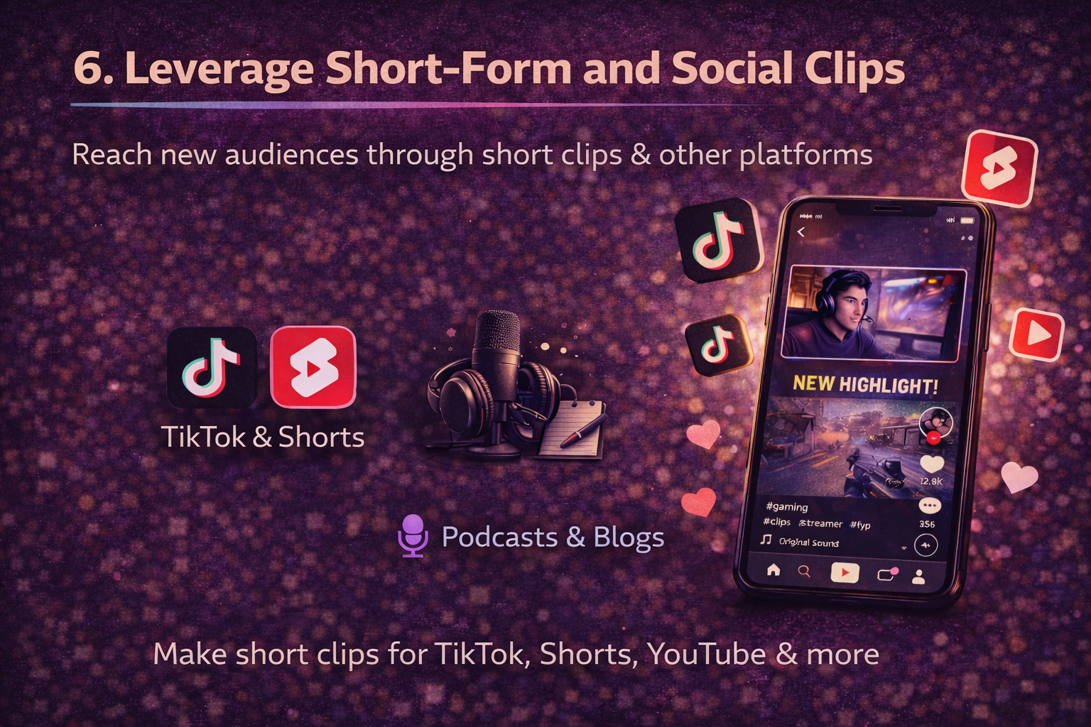 Infographic slide titled '6. Leverage Short-Form and Social Clips,' showing logos for TikTok and YouTube Shorts alongside a smartphone displaying a vertical gaming highlight reel.