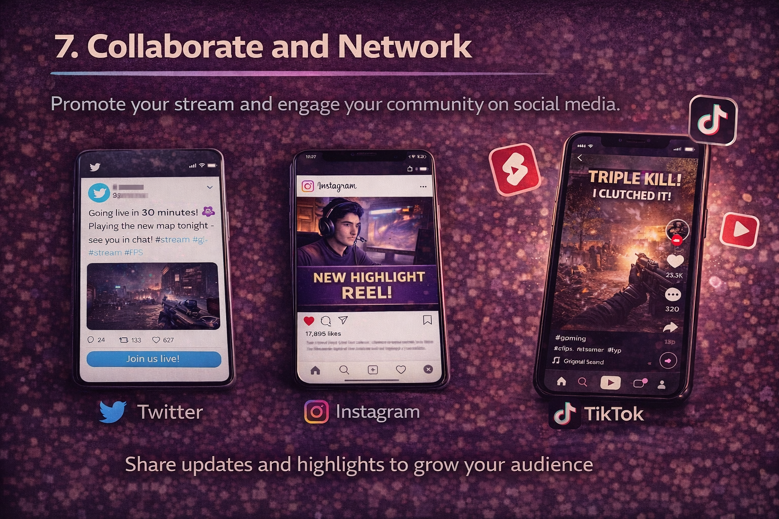Infographic slide titled '7. Collaborate and Network,' displaying mobile mockups of social media posts on Twitter, Instagram, and TikTok used to promote an upcoming stream.