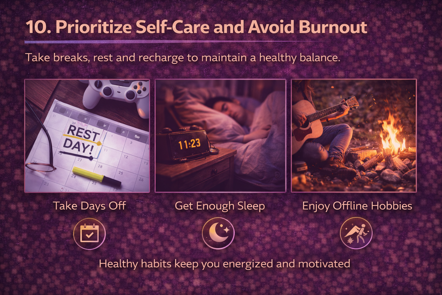Infographic slide titled '10. Prioritize Self-Care and Avoid Burnout,' displaying three panels advocating for healthy habits: a calendar marked 'Rest Day' for taking time off, a person sleeping to ensure rest, and someone playing guitar by a campfire to represent enjoying offline hobbies.