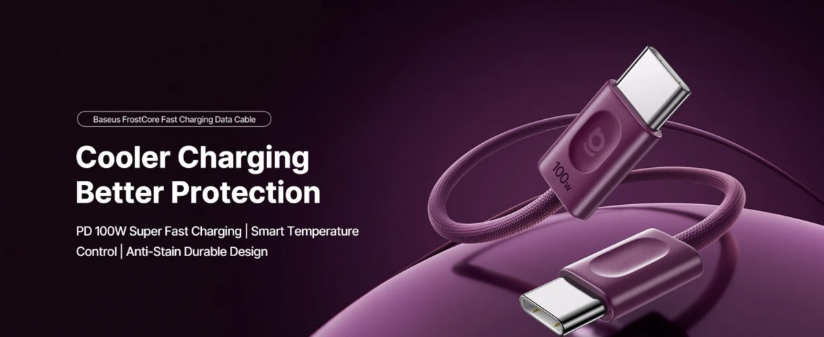 Baseus also has a FrostCore USB-C to USB-C 100W braided cable, 1.2 m long, in Dark Cherry for 399 baht, for anyone who wants their earbuds and desk cable in the same colour.