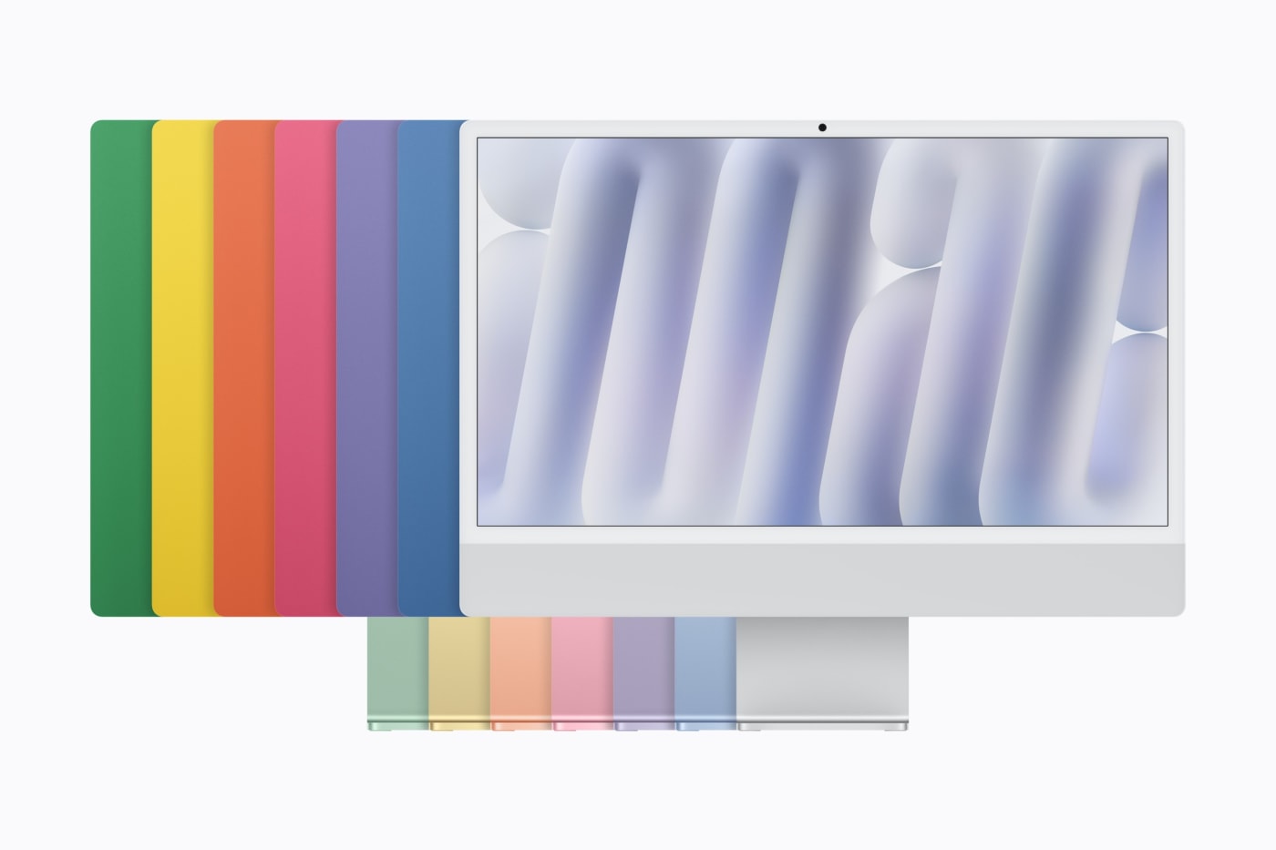 Seven colours: blue, green, pink, yellow, purple, orange and silver.