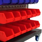 Close-up look of Louvre Panels with Red Bins type of Mobile Parts Trolley