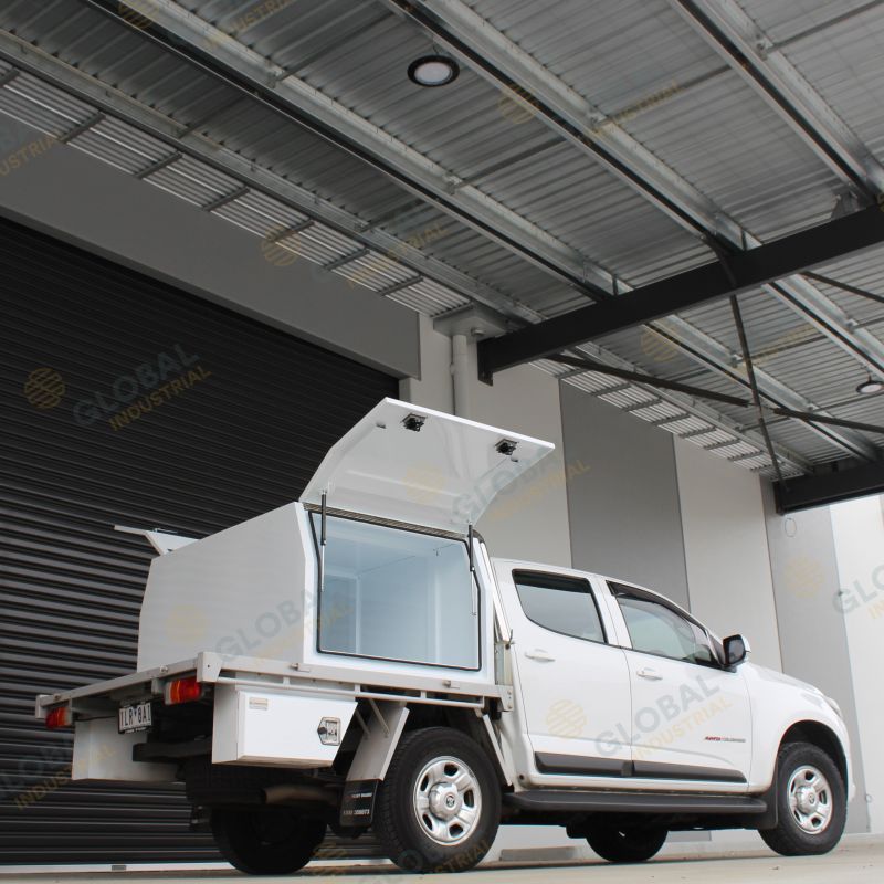 White Ute Canopy 1200mm installed on top of truck with all the lid opened.