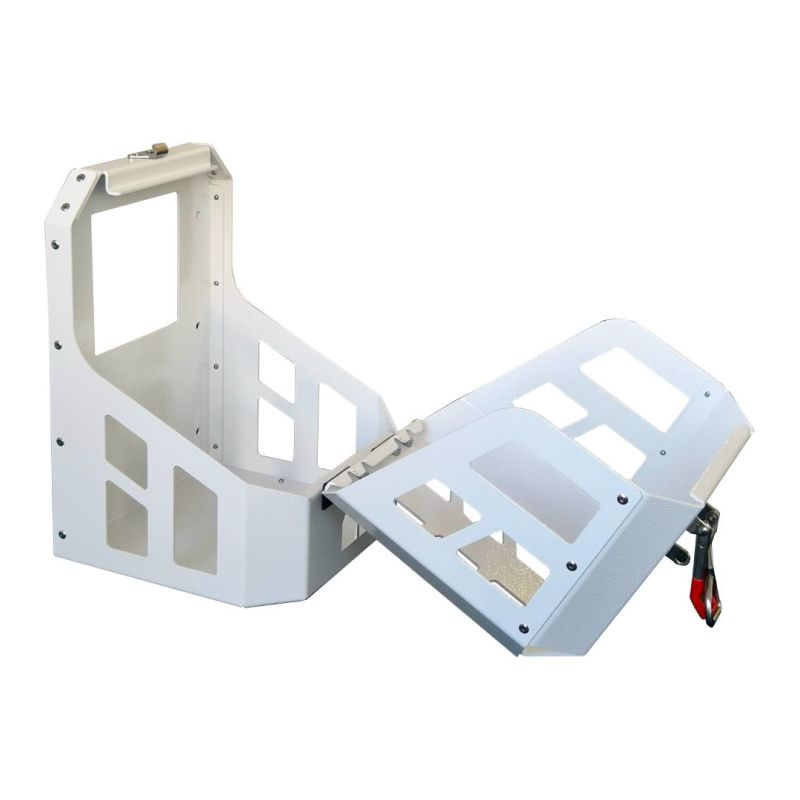 White folding tailgate step with hinge and latch mechanism