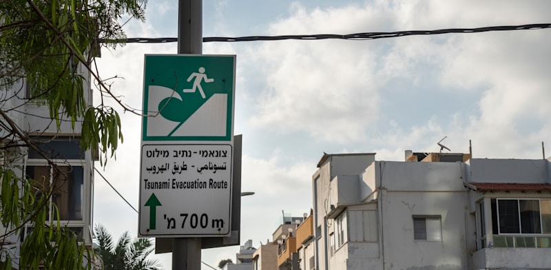 "שלט הכוונה לנתיב מילוט מפני צונאמי, תל אביב / צילום: Shutterstock, Moshe EINHORN"