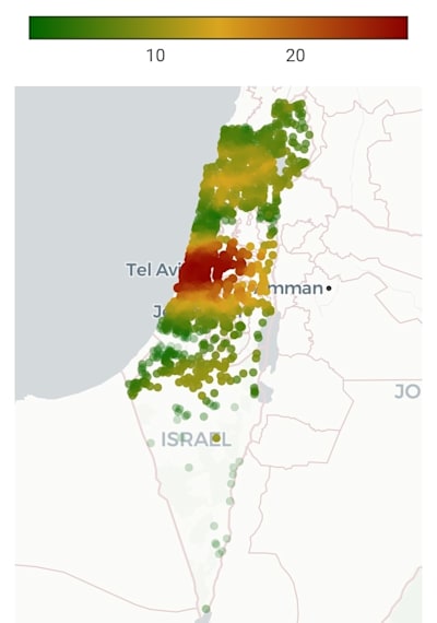 האזורים בהם נשמעו אזעקות ביממה האחרונה / צילום: מתוך אתר המעקב של אריה איזנמן האזורים בהם נשמעו אזעקות ביממה האחרונה / צילום: מתוך אתר המעקב של אריה איזנמן