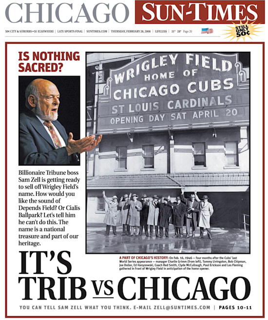 ״ה׳טריביון׳ נגד שיקגו״, מכריז העיתון המתחרה ׳שיקגו סן טיימס׳ לצד צילום של סם זל (28 בפברואר 2008)