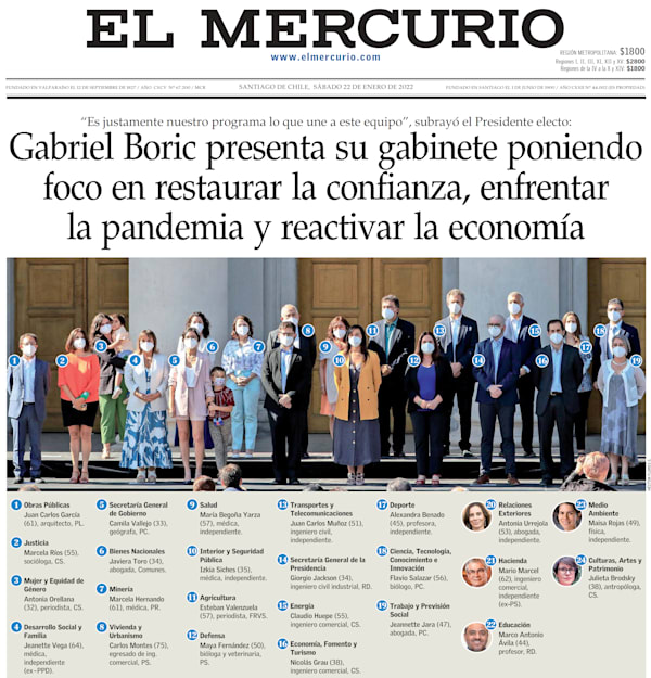 עיתון בצ׳ילה. מציג את 14 הנשים ועשרת הגברים בממשלה הרדיקלית החדשה של הנשיא בוריץ׳ (22 בינואר 2022) / צילום: גזיר עיתון