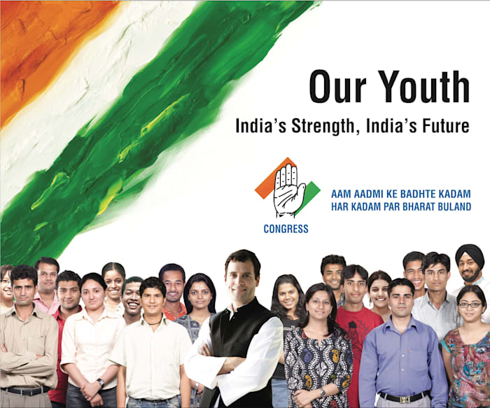 מודעה של מפלגת הקונגרס מ-2009 מציגה את ראהול גאנדהי כמנהיג העתיד, ״צעירינו - עוצמתה של הודו ועתידה״