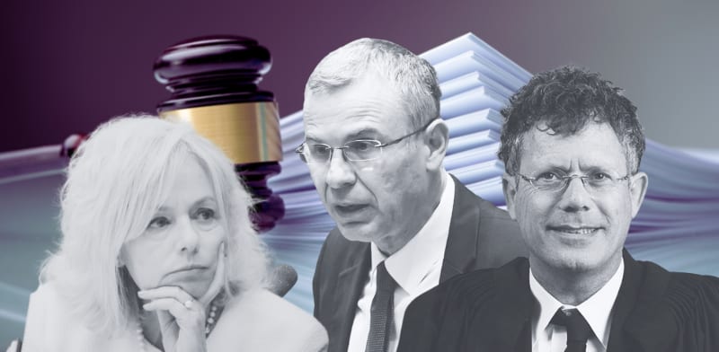 נשיא בית המשפט העליון יצחק עמית, שר המשפטים יריב לוין והיועמ''שית גלי בהרב-מיארה / צילום: נועם מושקוביץ - דוברות הכנסת, דוברות בתי המשפט