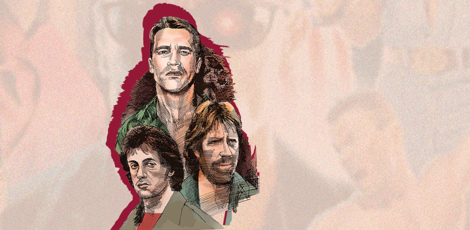 מלמעלה (נגד כיוון השעון): ארנולד שוורצנגר, סילבסטר סטאלון וצ'אק נוריס / איור: גיל ג'יבלי