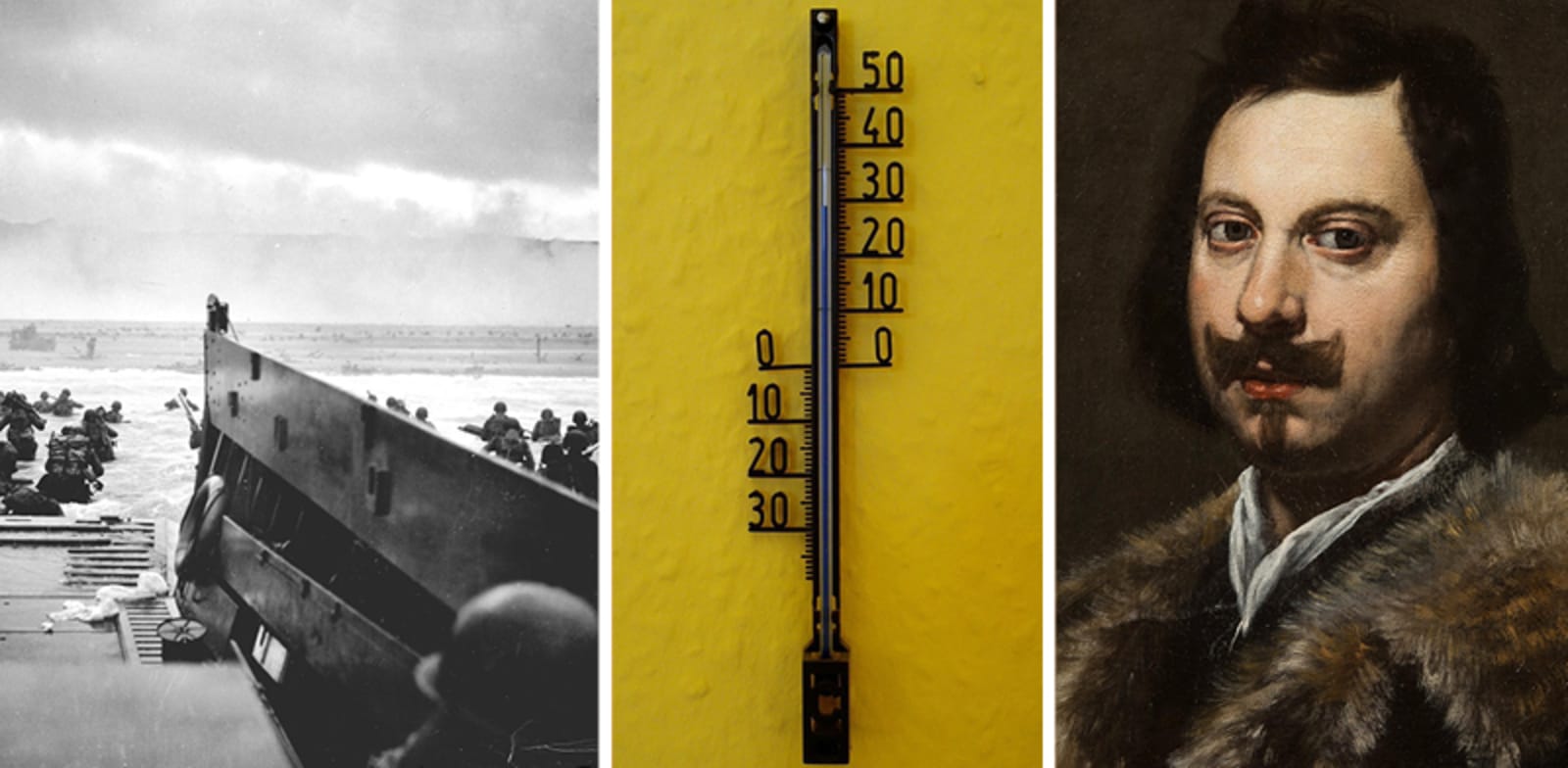 מימין: אוונג'ליסטה טוריצ'לי. המציא את הברומטר. באמצע: תרמומטר. לפני המצאתו לא ניתן היה לפתח דבר מהרעיונות של אריסטו. משמאל: הפלישה לנורמנדי. אייזנהאואר פעל על בסיס המידע המטאורולוגי / צילום: ויקיפדיה