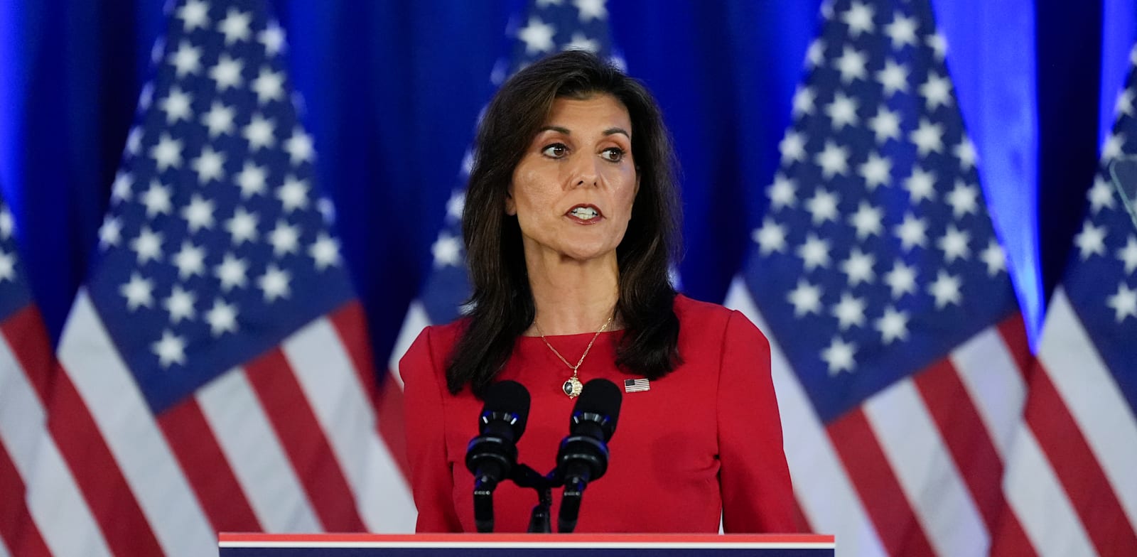 "ניקי היילי, בעת הצהרתה על הפרישה מהמרוץ לנשיאות, הערב (ד') / צילום: ap, Chris Carlson"