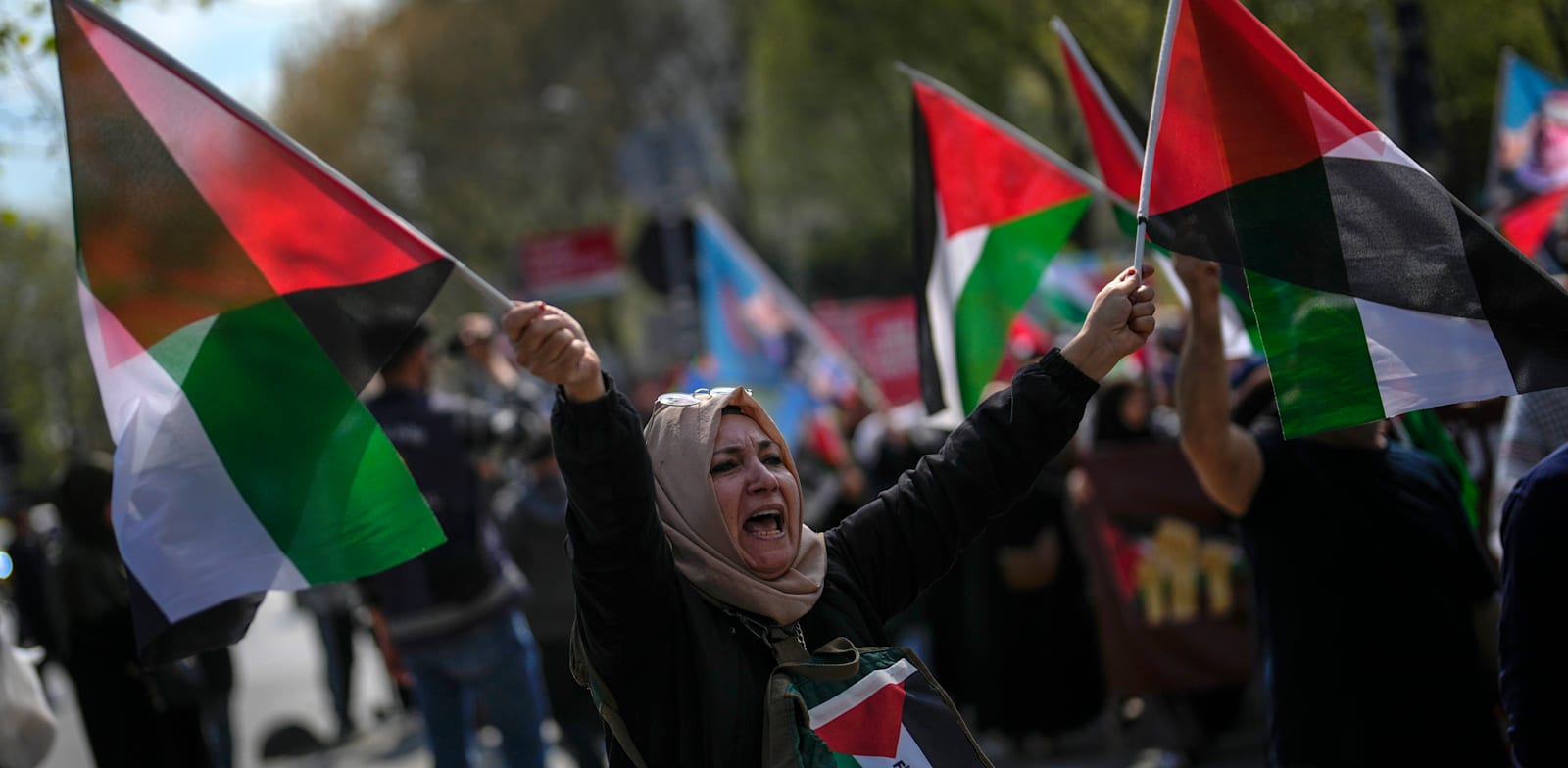 "מפגינה באיסטנבול מניפה דגלי פלסטין בהפגנה למען עזה. בציבור הטורקי גוברות הקריאות לניתוק הקשרים הכלכליים עם ישראל / צילום: ap, Khalil Hamra"