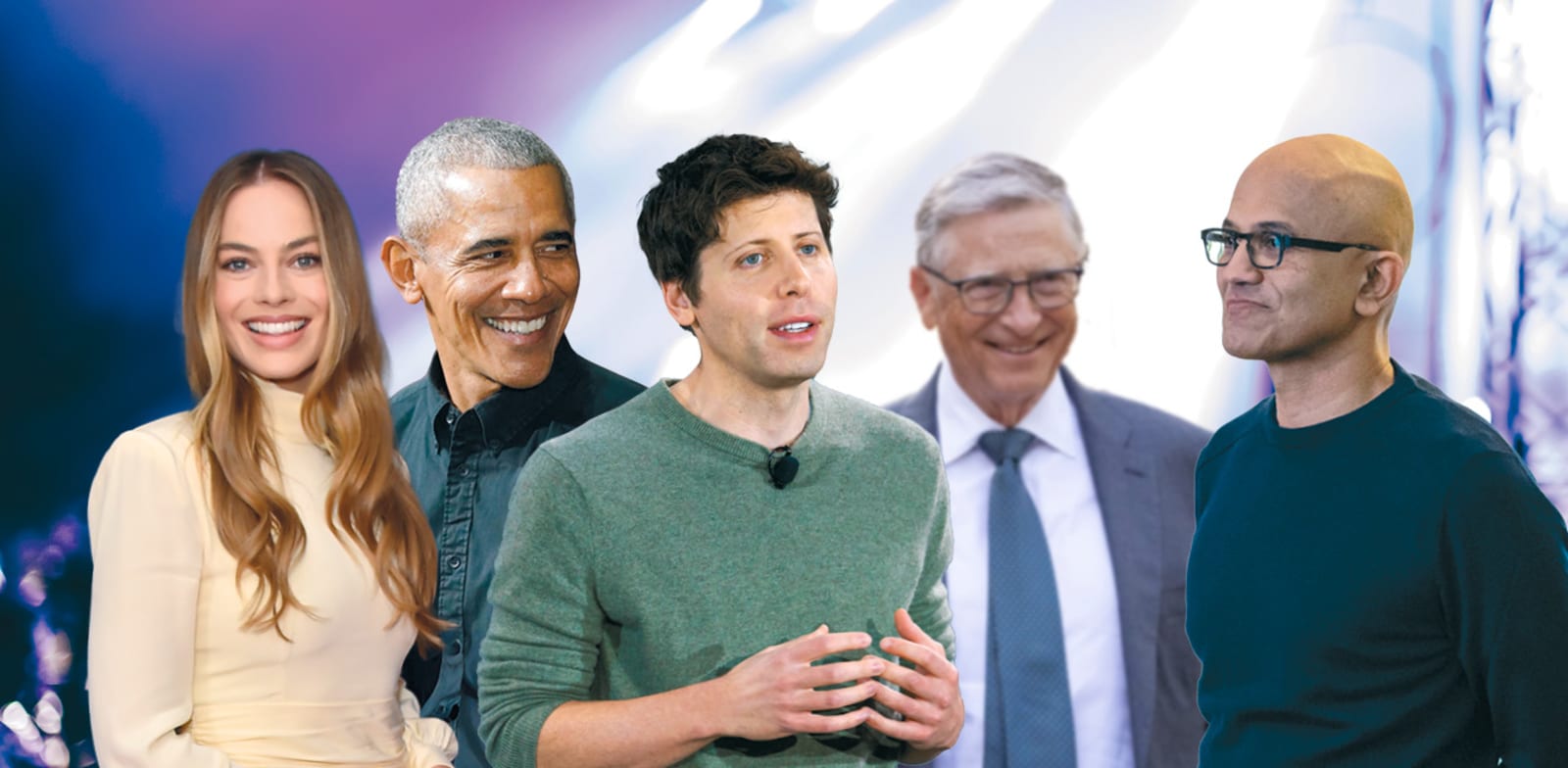 "מימין: סאטיה נאדלה, ביל גייטס, סם אלטמן, ברק אובמה והשחקנית מרגו רובי. המשתתפים נבחרים בפינצטה / צילום: Associated Press, Stephen Brashear, Jordan Strauss, Jacquelyn Martin, Brynn Anderson"