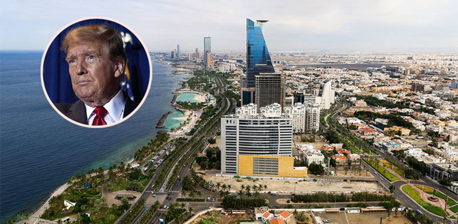 / צילום: ג'דה שבה יוקם המגדל. בעיגול: דונלד טראמפ / צילומים: shutterstock, AP-Andrew Harnik"