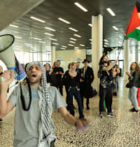 הפגנה פרו־פלסטינית באוניברסיטת גנט בבלגיה, בשבוע שעבר / צילום: Reuters, JAMES ARTHUR GEKIERE