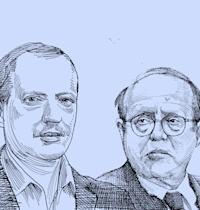 מימין: עו''ד יעקב וינרוט המנוח ובנו עו''ד יחיאל וינרוט / איור: גיל ג'יבלי