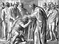 משה מברך את יהושע בפני הכהן הגדול. מתוך ספרו של הנרי דאבנפורט ''אוצרות התנ''ך'', 1894 / צילום: ויקיפדיה