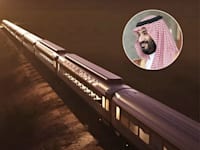 הרכבת ''חלום המדבר'' שצפויה להגיע לערב הסעודית. בעיגול: יורש העצר הסעודי, מוחמד בן סלמאן / צילום: welcome to saudi.com, AP-Bandar Aljaloud/Saudi Royal Palace
