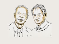 פרופ' ג'ון הופפילד ופרופ' ג'פרי הינטון, זוכי פרס נובל בפיזיקה לשנת 2024 / צילום: Ill. Niklas Elmehed © Nobel Prize Outreach