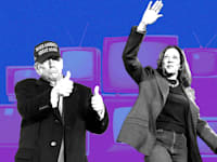 קמלה האריס ודונלד טראמפ, סיקור יום הבחירות / עיצוב: טלי בוגדנובסקי, צילומים: AP-Jacquelyn Martin, Evan Vucci