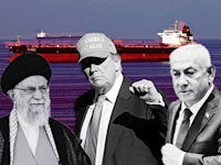 נתניהו, טראמפ וחמינאי על רקע מיצרי הורמוז / עיבוד: נועם מושקוביץ דוברות הכנסת, וHamad I Mohammed, IMAGO/Khamenei office \ apaimage (רויטרס), Jose Luis Magana