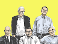 חברי ועדת בכר. מימין למטה בכיוון השעון: יוסי בכר ז''ל, מנכ''ל האוצר דאז ויו''ר הוועדה, דרור שטרום, הממונה על התחרות לשעבר, יואב להמן, המפקח על הבנקים בזמנו, מאיר סוקולר, המשנה לנגיד בנק ישראל לשעבר, ואייל בן שלוש , הממונה על שוק ההון לשעבר / איור: גיל ג'יבלי
