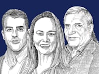 צדיק בינו, בעל השליטה בבנק הבינלאומי; דקלה קריץ, יו''ר ועד ארגון המנהלים ומורשי החתימה בבנק; אלי כהן, מנכ''ל הבנק / איור: גיל ג'יבלי