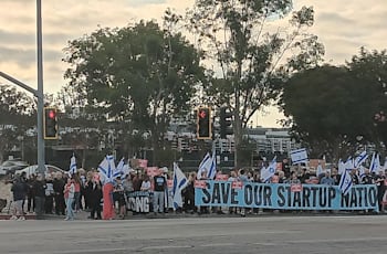 מפגינים מחוץ למפעל טסלה בקליפורניה לקראת פגישת נתניהו ומאסק / צילום: דרור הבלנה, דוברות מטה המאבק