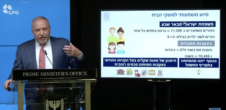 שר האוצר אביגדור ליברמן מציג את התוכנית החדשה להקלת יוקר המחיה / צילום: מתוך עמוד הפייסבוק הרשמי של נפתלי בנט