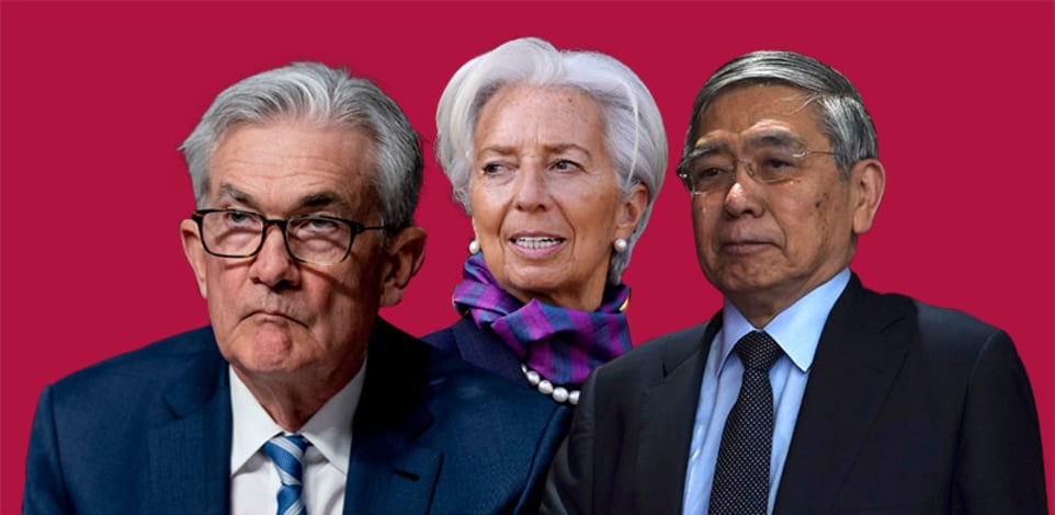 הרוהיקו קורודה, קריסטין לגארד, ג'רום פאוול / צילום: Associated Press, Petros Karadjias Eugene Hoshiko Andrew Harnik