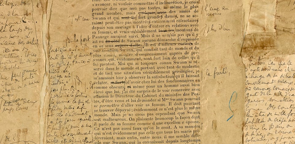 הערות של מרסל פרוסט בכתב ידו, הדפסת ניסיון משנת 1914 של הספר ''בעקבות הזמן האבוד''