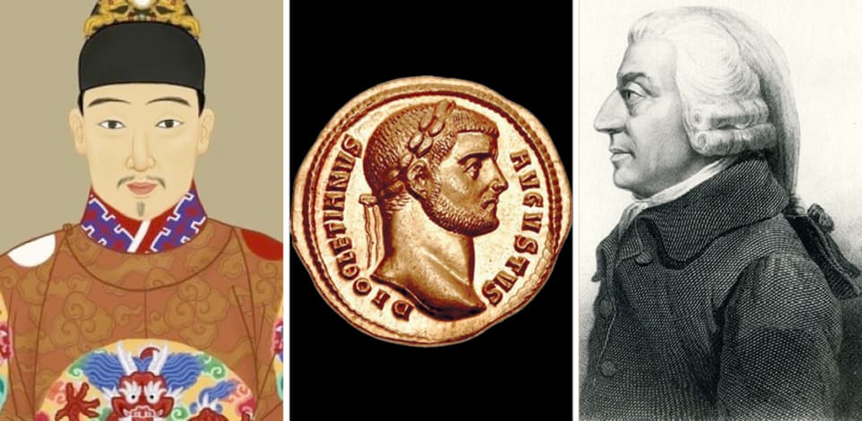 מימין: אדם סמית', 1787 ;מטבע עם דיוקנו של הקיסר הרומי דיוקלטיאנוס, 288 לספירה; קיסר סין צ'ונגג'ן / צילום: ויקיפדיה