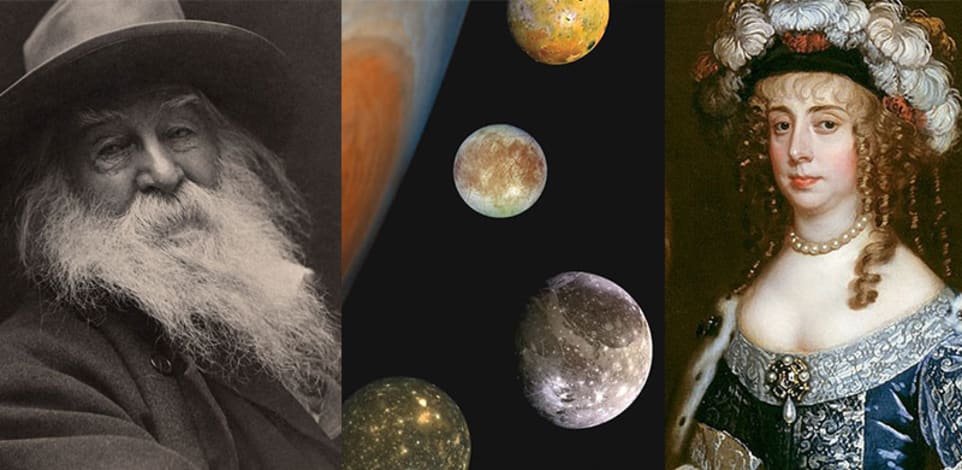 מימין: מרגרט קוונדיש, דוכסית ניוקאסל. באמצע: ארבעת הירחים הגליליאניים. משמאל: המשורר וולט ויטמן / צילום: ויקיפדיה
