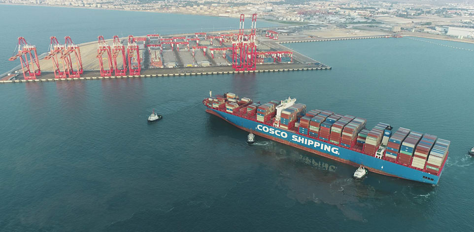 אוניית המכולות COSCO SHIPPING ALPS עוגנת בנמל המפרץ / צילום: אברהים גובראן, חברת א.ג.מדידות בע''מ