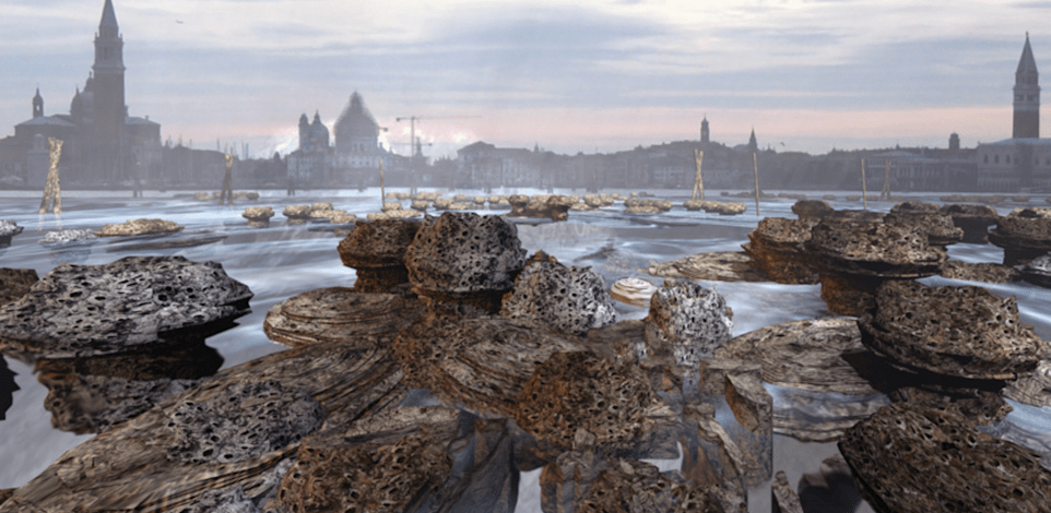 ''ונציה של העתיד'',  שונית אלמוגים סינתטית ענקית למניעת שקיעתה של ונציה. פרויקט של פרופ' רייצ’ל ארמסטרונג / צילום: הדמית מחשב של Christian Kerrigan
