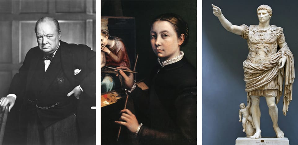 מימין: אוגוסטוס קיסר. אסף עתיקות. באמצע: סופוניסבה אנגוויסולה. הנציחה בציור בני משפחה משחקים שחמט. משמאל: וינסטון צ'רצ'יל. התחיל לצייר בשנות הארבעים לחייו / צילום: ויקיפדיה