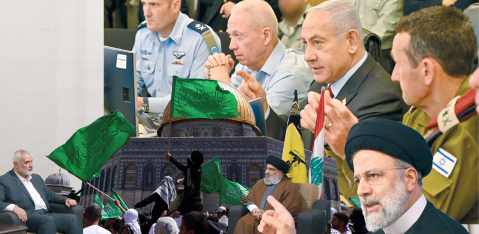 מלמעלה בכיוון השעון: מנהיגי ישראל, איראן, חזבאללה וחמאס. ברקע: מהומות בהר הבית / אילוסטרציה: קובי גדעון - לע''מ, AP
