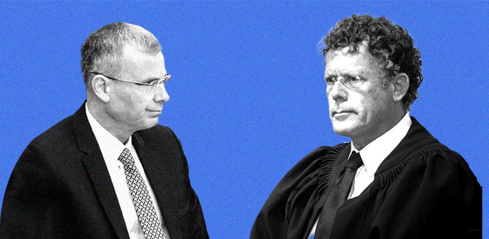 "נשיא בית המשפט העליון, השופט יצחק עמית, ושר המשפטים יריב לוין / צילום: יונתן זינגל/פלאש 90, נועם מושקוביץ'/דוברות הכנסת"