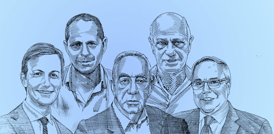 שלמה אליהו, ערן גריפל, יאיר המבורגר,אלפרד אקירוב, ג'ארד קושנר / איור: גיל ג'יבלי