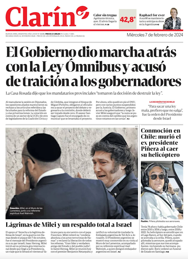 הנשיא מיליי בכותל על שער עיתון ארגנטיני. הכותרת עוסקת במלחמת החורמה בינו לאופוזיציה