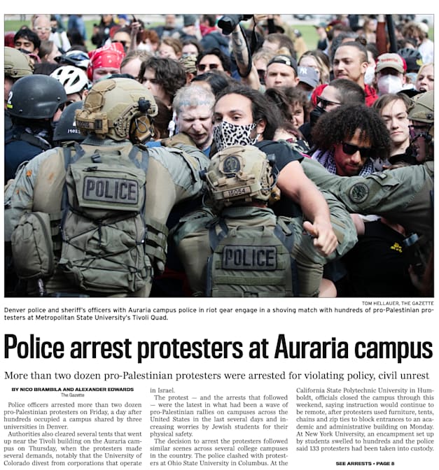 עיתון במדינת קולורדו מראה שוטרים בחגור מלא דוחפים מפגינים פרו-פלסטיניים בקמפוס בעיר דנוור