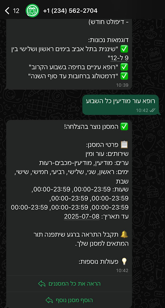 צילום מסך מצ'אט מול הבוט ''דוקתור'' צילום מסך מצ'אט מול הבוט ''דוקתור''