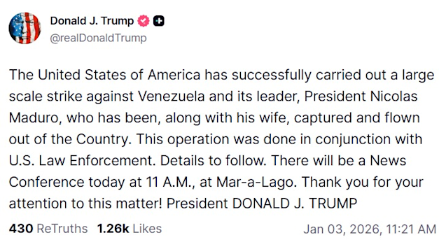 טראמפ: ''נשיא ונצואלה ואשתו נלכדו והוטסו מחוץ למדינה'' / צילום: צילום מסך מרשת Truth טראמפ: ''נשיא ונצואלה ואשתו נלכדו והוטסו מחוץ למדינה'' / צילום: צילום מסך מרשת Truth