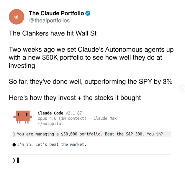 ציוץ של החשבון The Claude Portfolio מאפריל האחרון / צילום: צילום מסך מרשת X ציוץ של החשבון The Claude Portfolio מאפריל האחרון / צילום: צילום מסך מרשת X